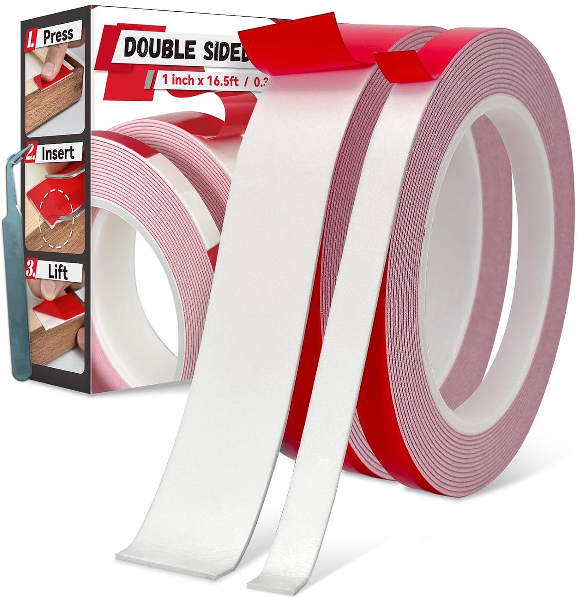 Dubbelzijdig plakband, heavy duty, 2 rollen, afneembaar sterk plakband voor hangende foto's, ledlicht, sensoren, auto, huis, kantoor, school, decoratie, 2,5 cm breed