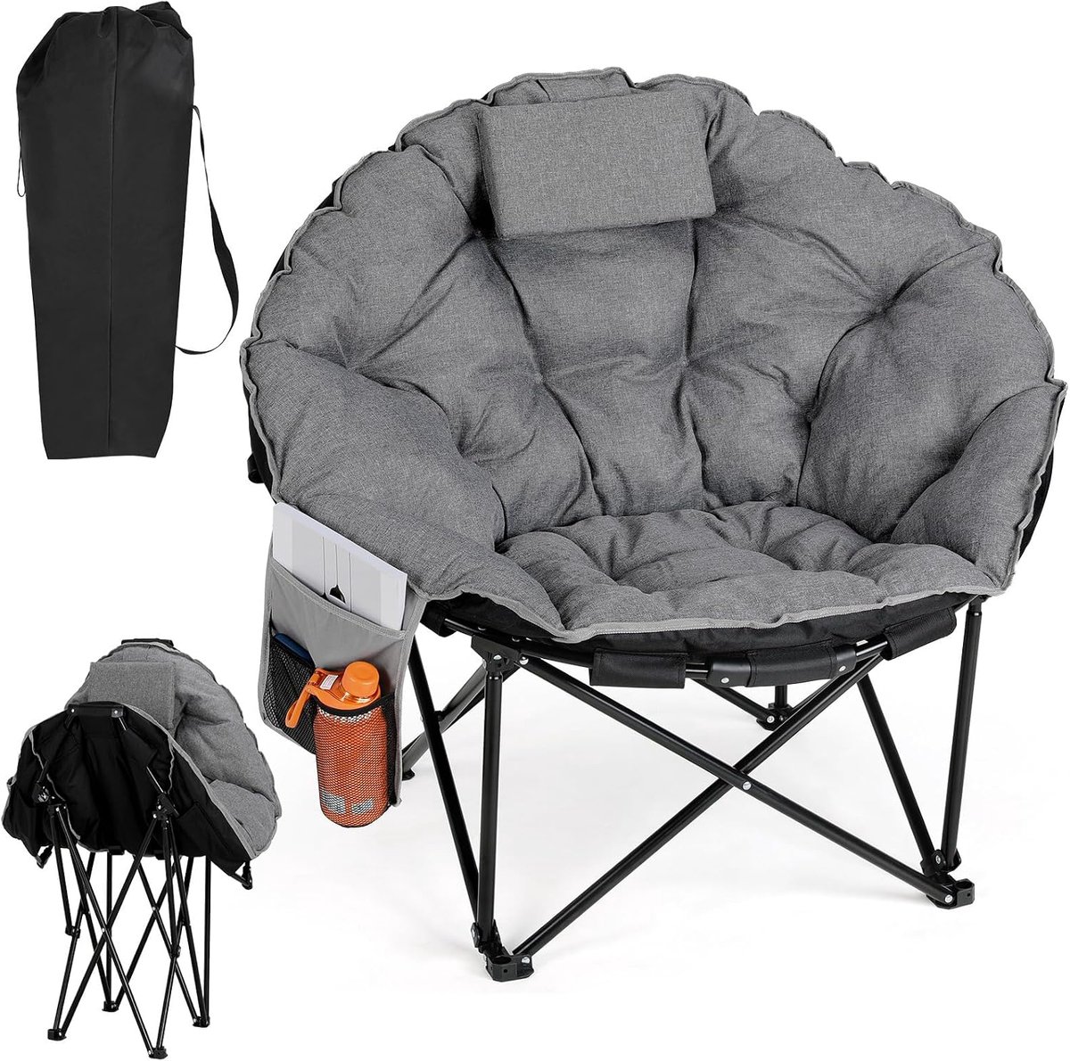 Campingstoel 95 × 83 × 93 cm, opvouwbare maanstoel met gewatteerd katoenen zitje, hoofdsteun, bekerhouder, antislipvoeten, opbergtas en draagvermogen 150 kg, overmaatse en