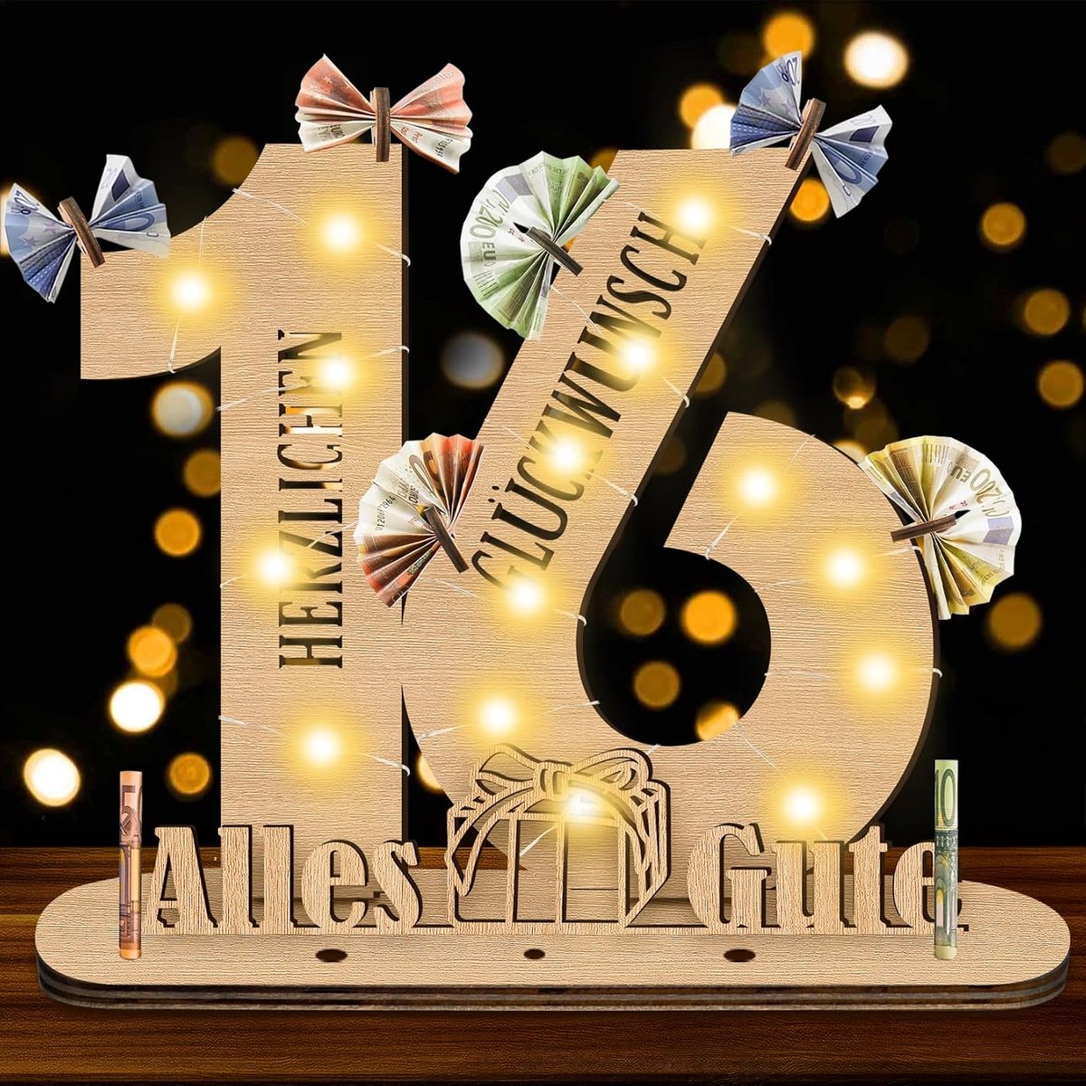16e verjaardag voor meisjes en jongens, decoratie voor de 16e verjaardag van meisjes, origineel cadeau, houten bord met led-gastenboek, geldgeschenken, verjaardag, bruiloft, jubileum,