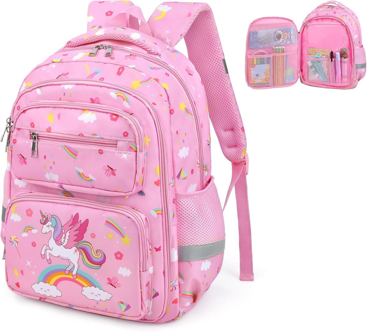 Rugzak voor kinderen, meisjes, jongens, grote schooltas voor basisschool en middelbare school, lichte kinderrugzak voor school en buiten, Eenhoorn