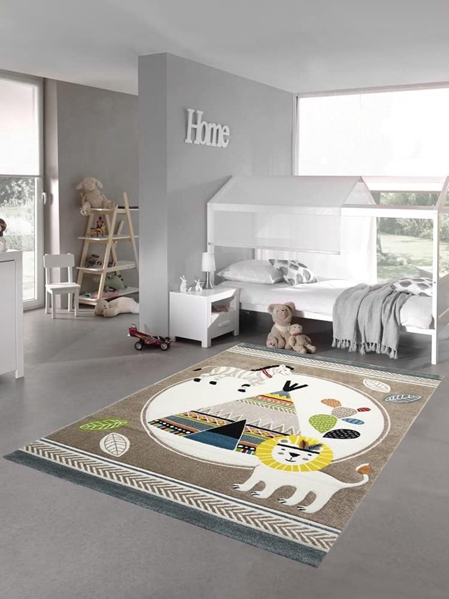 Tapijt speeltapijt tent leeuw zebra cactus beige blauw crème bruin afmeting 200 x 290 cm