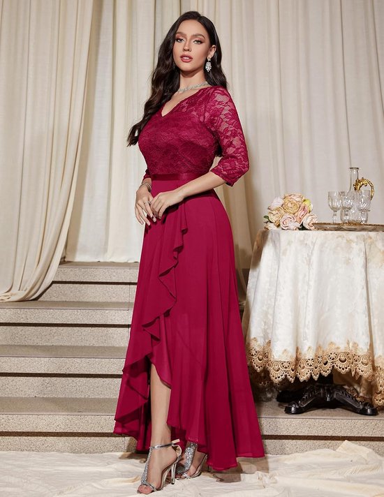 Elegante avondjurk voor bruiloften, kanten jurk, chiffon, Hi-Lo jurk, bruidsmeisjesjurk, vokuhila, feestjurk, lange baljurk, strandjurk — afbeelding 2