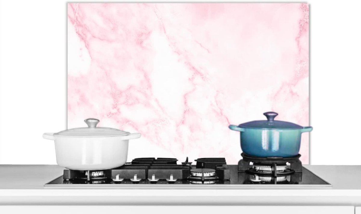 Spatscherm Keuken - 90x60 cm - Marmer - Wit - Roze - Chic - Marmerlook