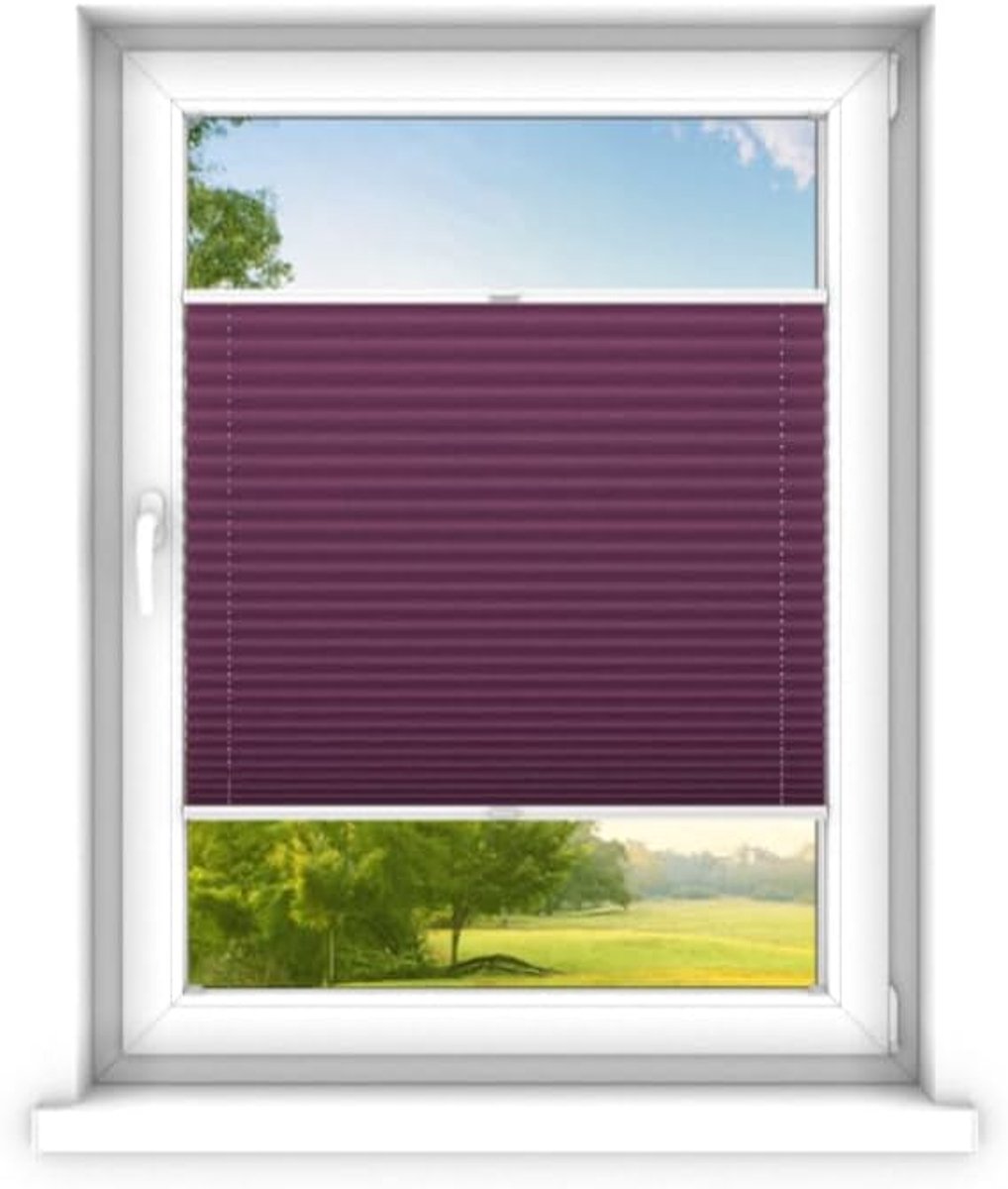 Zonder boren op maat gemaakt - Vouwgordijn - Plisségordijn privacy en zonwering - Eenvoudige installatie - Kant-en-klaar plisségordijn - 110x110 cm - Pruim