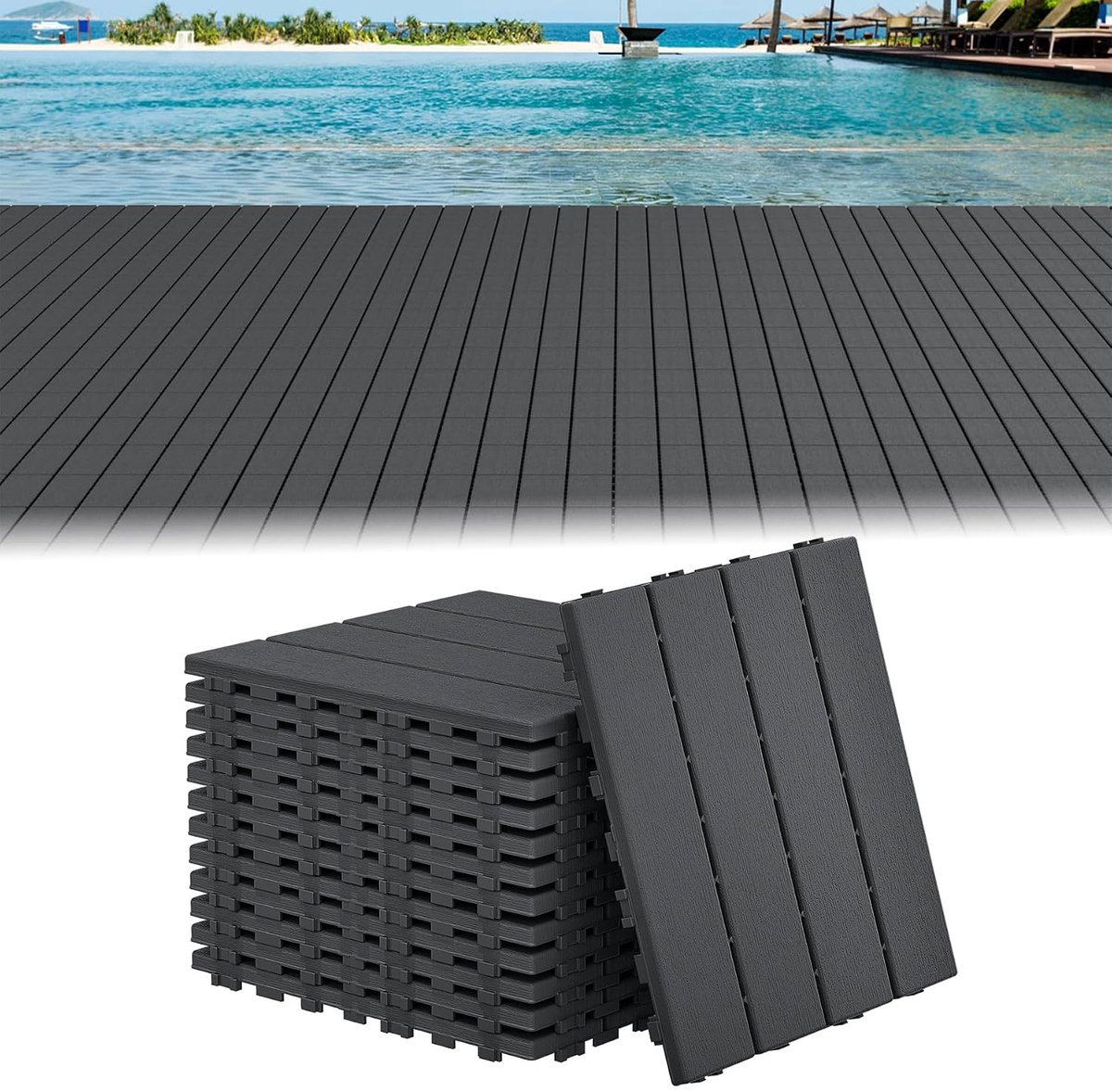 Terrastegels balkontegels met houtnerf-uiterlijk, kliktegels, terras voor balkon en tuin, weerbestendige platen met drainagefunctie, 30 x 30 cm - antraciet (11 stuks = 1 m²)