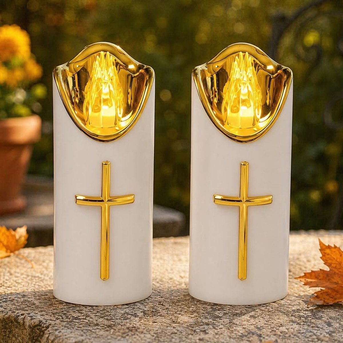 Led-graflichten voor buiten, 2 stuks leds, grafkaars, rouwlicht, batterij-aangedreven graflicht, herbruikbare kerkaars, herdenkingskaars, begraafkaars, herdenkingskaars voor graf, kerk, religieus (wit