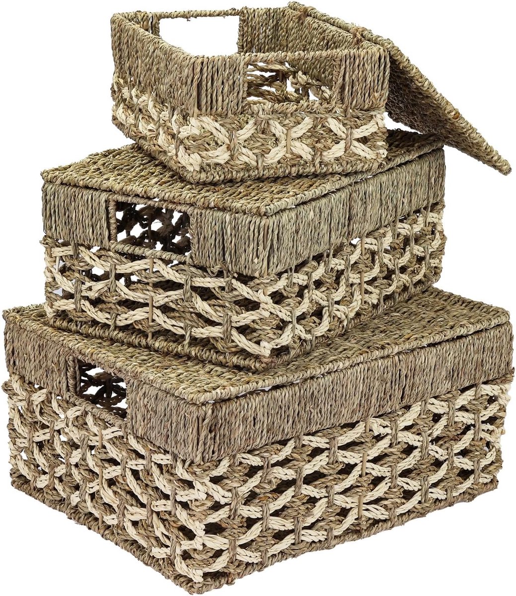 Opbergmand met deksel, set van 3, gevlochten van zeegras en palmbladeren, klein, medium, groot