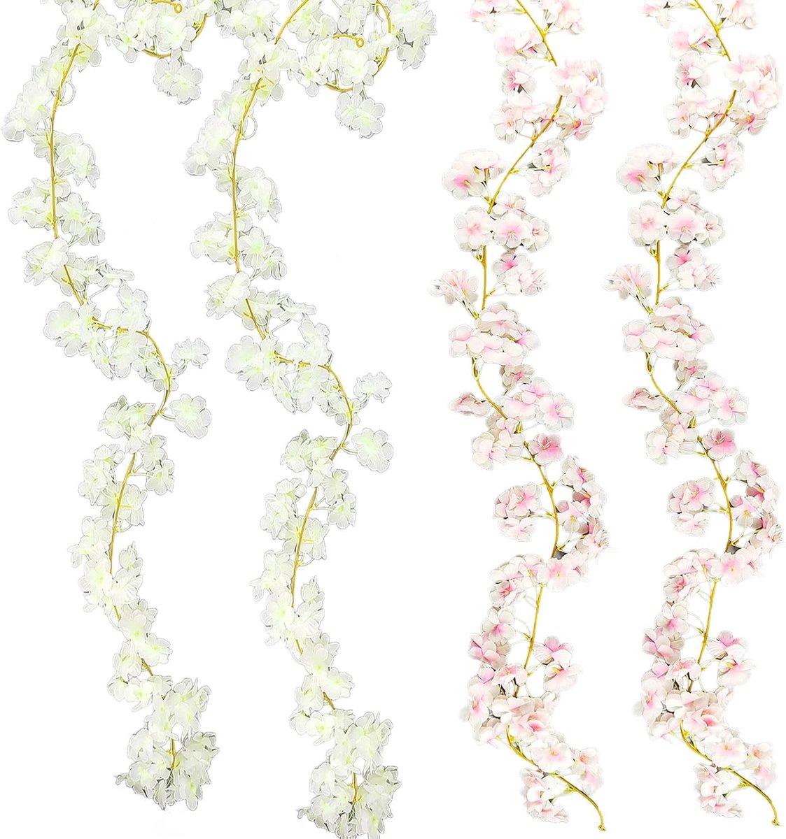 4 stuks kersenbloesem deco bloemen slinger, zijden bloem materiaal, hangende bloemenslinger kunstmatig, geschikt voor bruiloft, verloving, feestdecoratie (roze en wit)