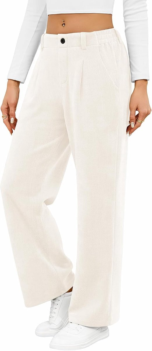 Corduroy broek voor vrouwen elastische taille rechte pijpen trekkoord broek losse pasvorm casual warme wijde pijpen broek met zakken decoratieve knoop casual werk