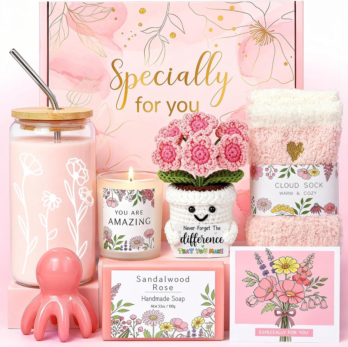 Cadeau voor vrouwen, cadeau voor vriendin, verjaardag, positieve handgehaakte bloemen, cadeauset voor mama, zus, collega, drinkglazen, afstudeercadeau voor collega's