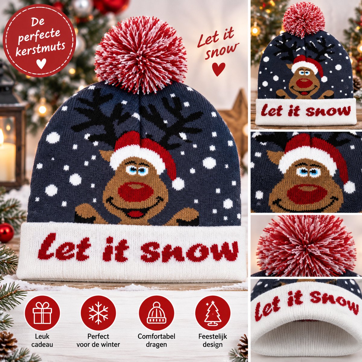 Muts met Pompon - Thema Kerst - Beanie - Acryl - Let it Snow