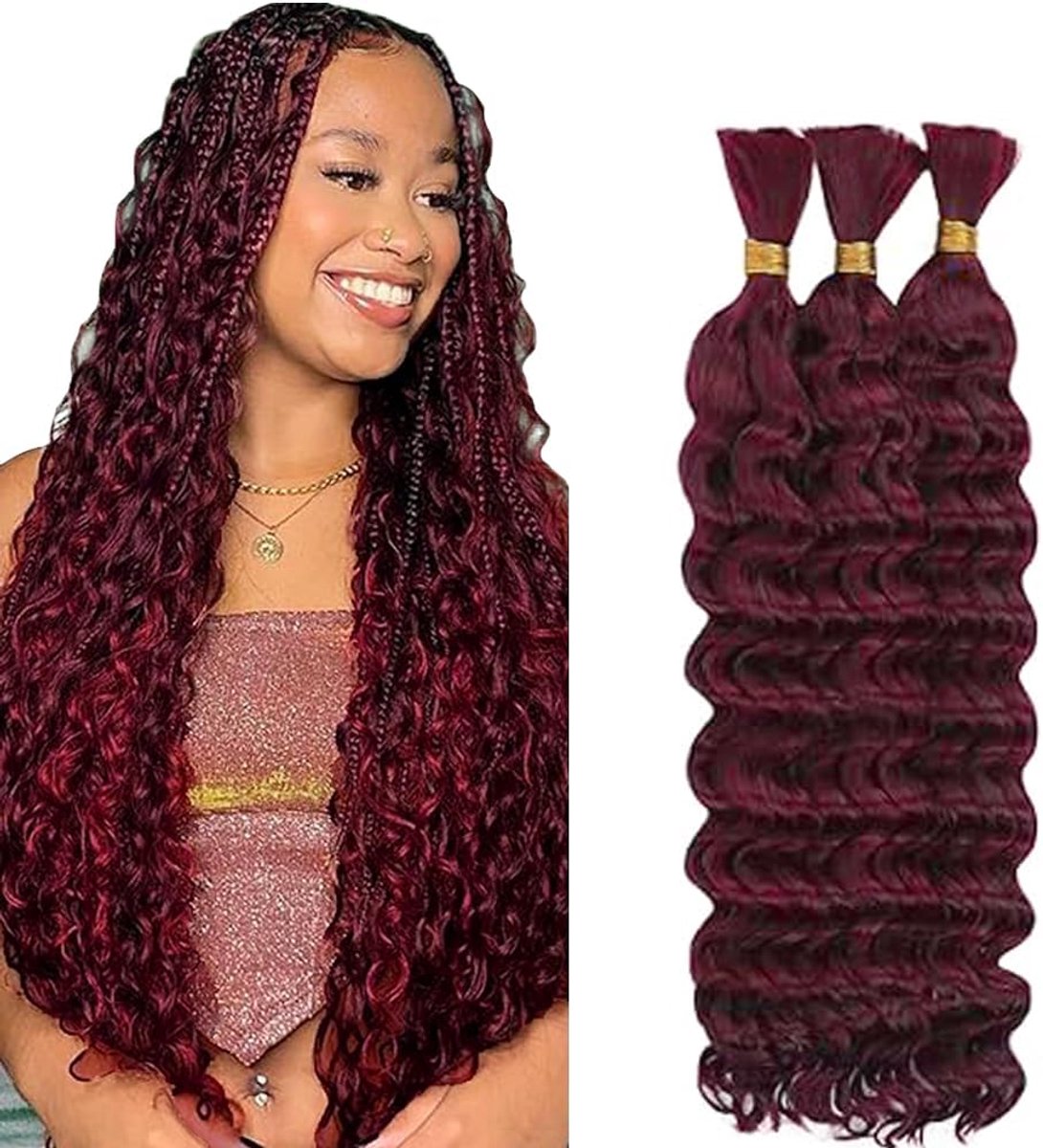 24 24 24 Inch Deep Wave Bulk Braiding Menselijk haar Bundles Unprocessed #99j Burgundy Human Hair Extensions For Boho Braids No Weft Curly Braiding Hair 50g/bundle Total 150g