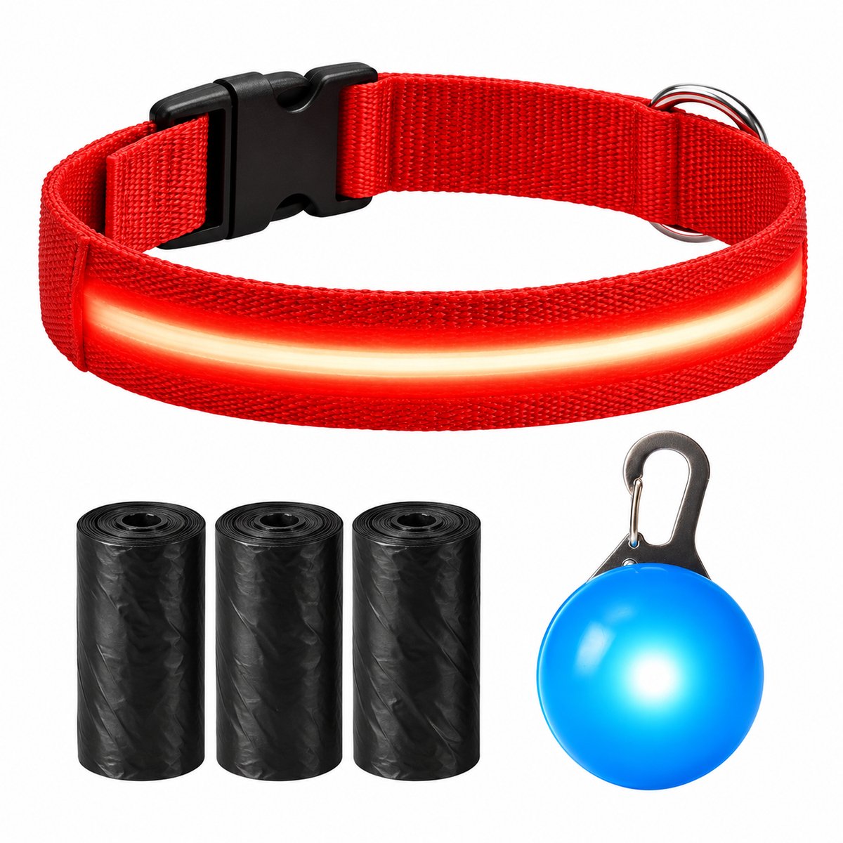 Professor Q LED Halsband Hond - Rood XL (42–56 cm) - Blauw LED Lampje + 45 Poepzakjes - Nylon USB Oplaadbaar