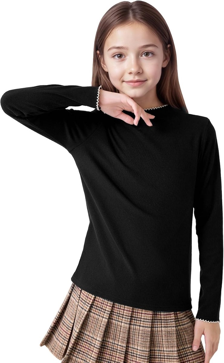 Thermoshirt Kinderen Zacht Basic Bovenkleding Langmouwen Warm Ondershirt Halfhoge Kraag met Golfrand Ondertrui Slim Fit Pullover voor Casual School 7–13 jaar