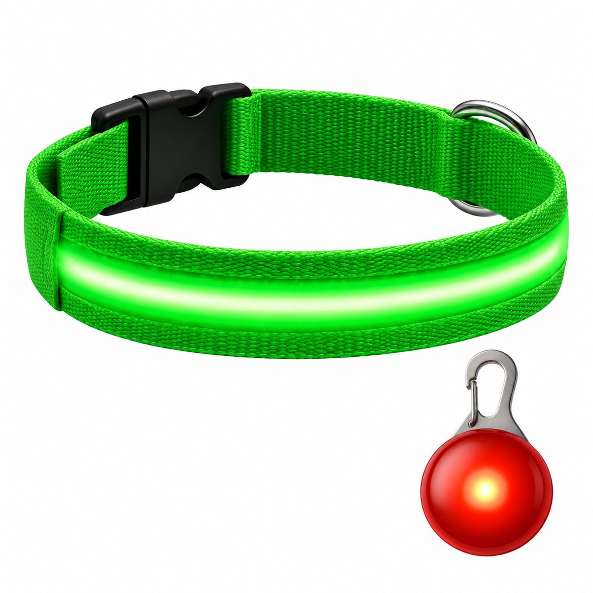 Professor Q LED Halsband Hond - Groen M (37–46 cm) - Rood LED Lampje - Nylon USB Oplaadbaar