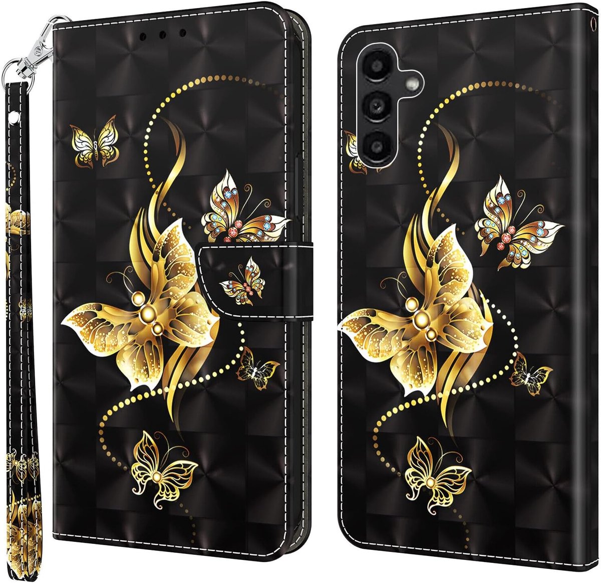 Hoes voor mobiele telefoon, compatibel met Samsung Galaxy A17 5G / A26 5G, hoes van PU-leer, klaphoes met standaard en kaartsleuven, beschermhoes, portefeuille, case, cover, gouden vlinders