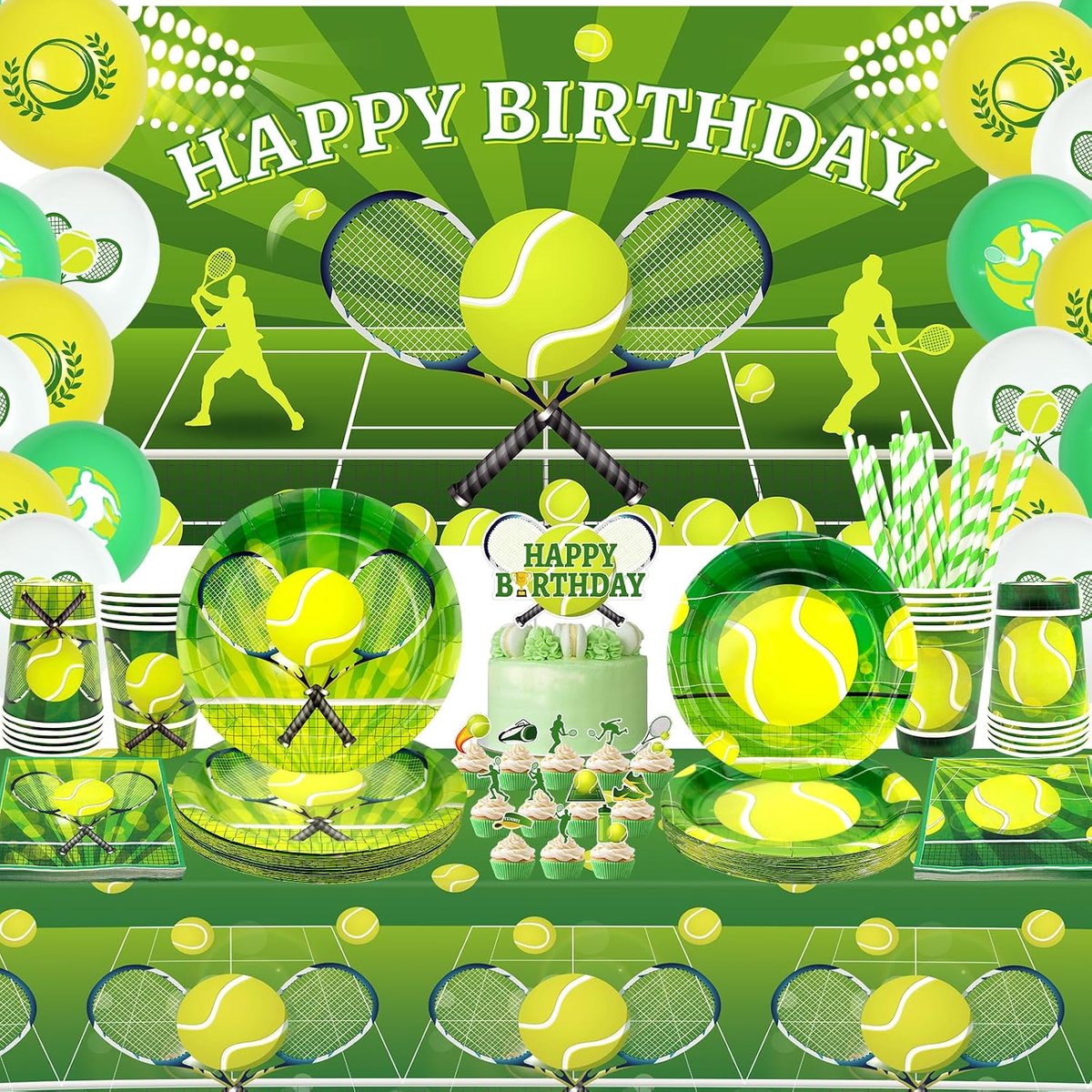 verjaardagsfeestdecoraties - tennisfeestaccessoires inclusief taarttopper, borden, taartdecoratie, mokken, servetten, ballonnen, tafelkleden - voor 20 personen (BJ)