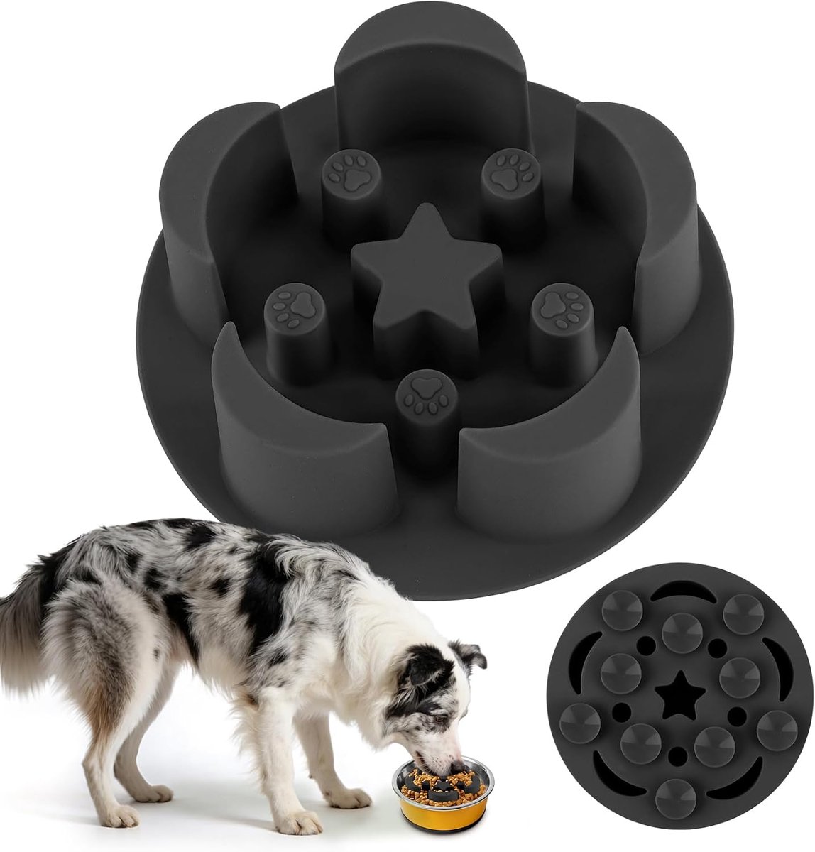 14,7 x 4,1 cm Slow Feeder hondenkom-inzetstuk, zacht siliconen inzetstuk voor langzaam eten met 10 zuignappen, compatibel met normale hondenbakken (zwart)
