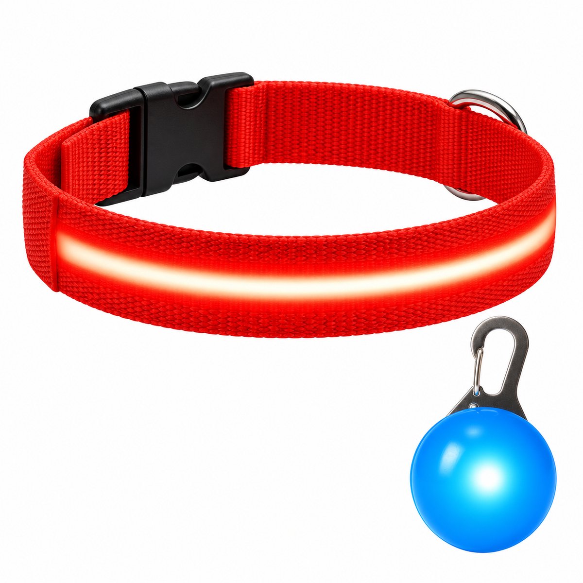 Professor Q LED Halsband Hond - Rood M (37–46 cm) - Blauw LED Lampje - Nylon USB Oplaadbaar