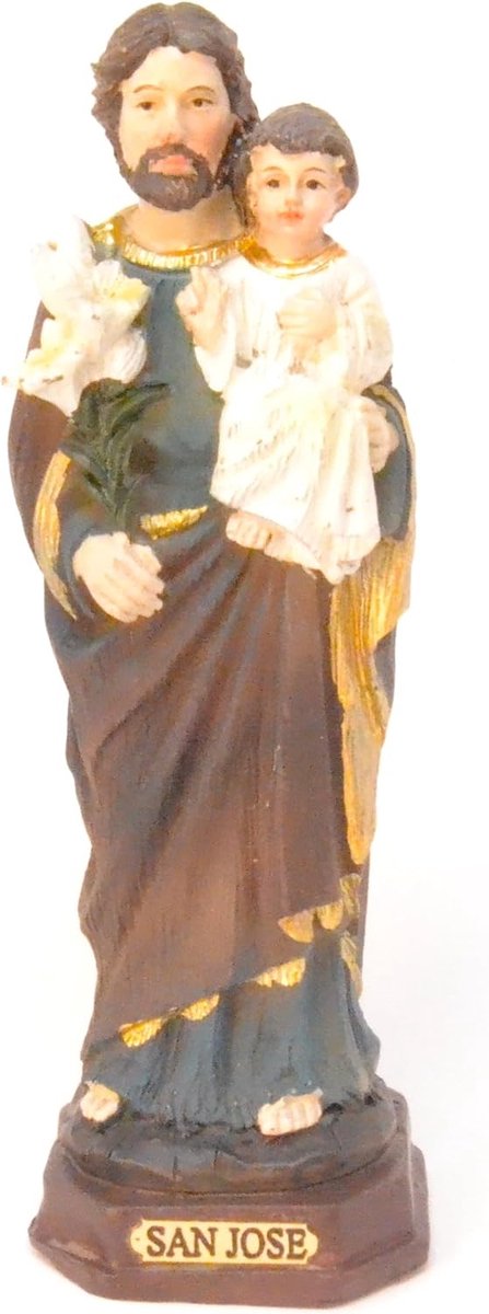 San Jose Religieus beeld van hars, katholiek decoratiefiguur, bruin en goud, 13 cm, basis met inscriptie