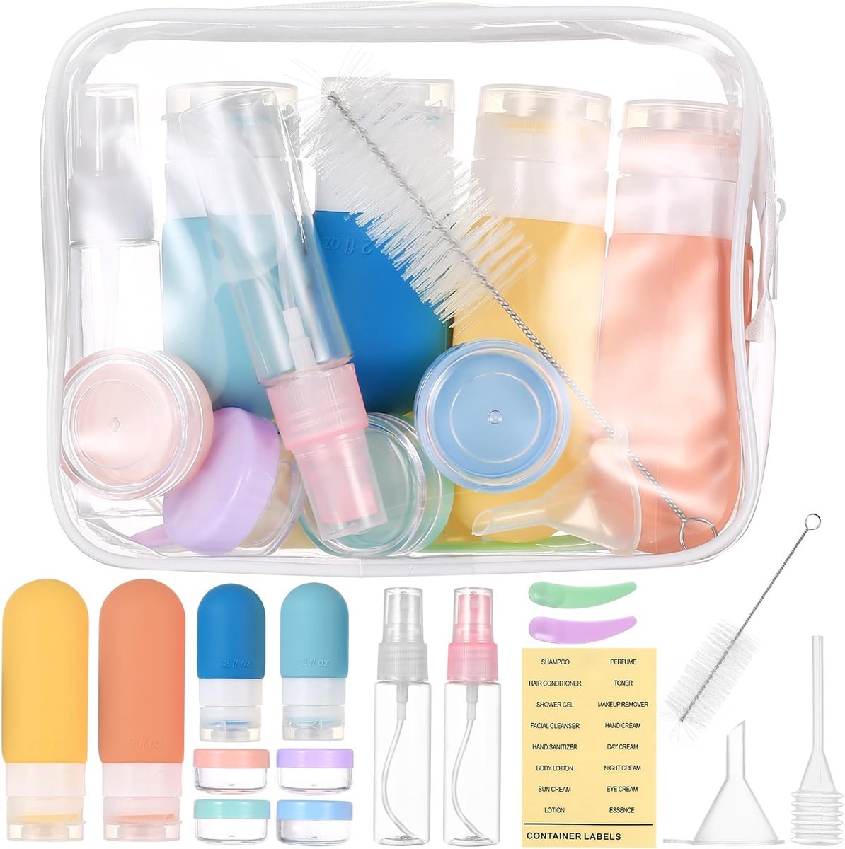 17 stuks reisflessen om te vullen, reisshampooflessen om te vullen, reisset om te vullen, reiscontainer voor vloeistoffen, reisaccessoires, reisbenodigdheden, vliegreizen, gadgets, accessoires