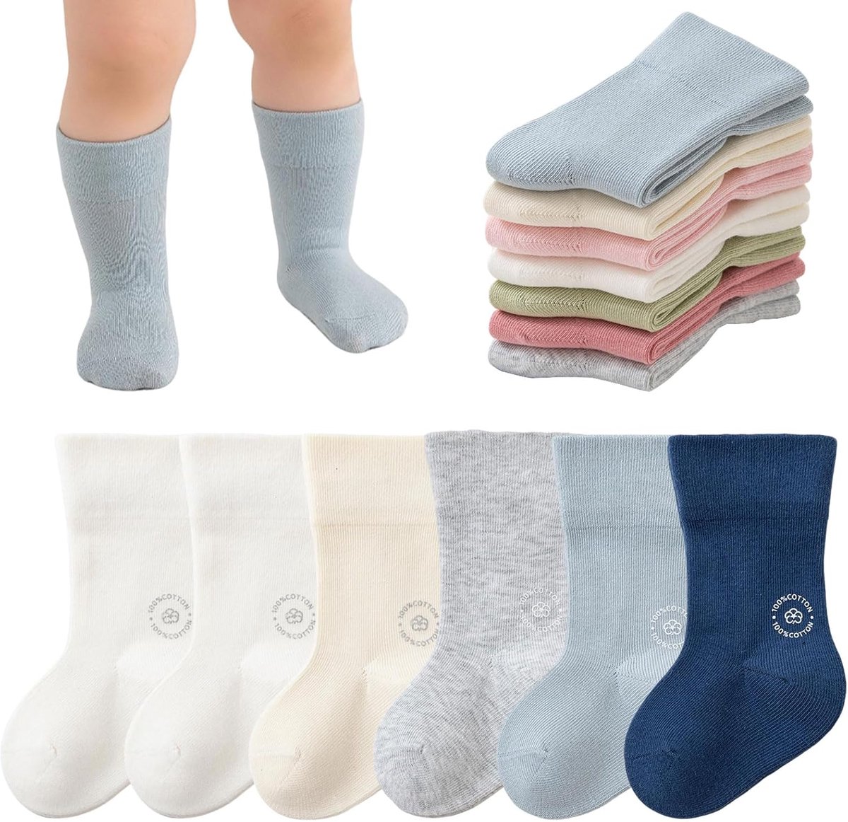 6 paar baby sokken katoen zacht elastisch effen kleuren peuters kleuters jongens meisjes