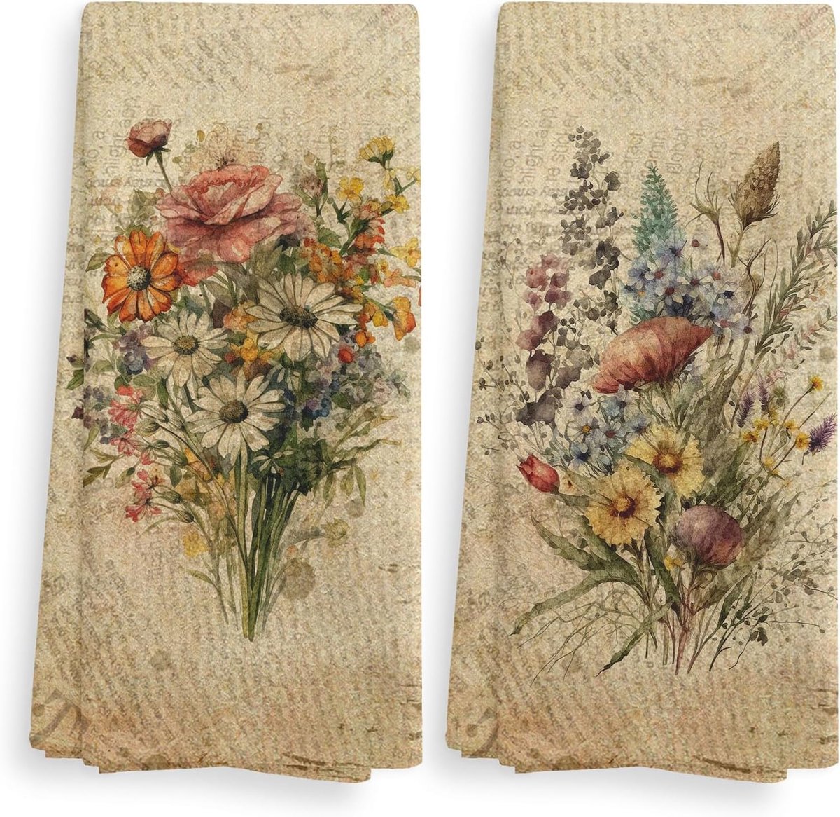 2 Stuks Vintage Bloemen Keukenhanddoeken en Afwasdoeken, Vintage Decoratieve Keukenhanddoeken, Bloemenboeket Decoratieve Doeken, Retro Wilde Bloemen Keukenhanddo