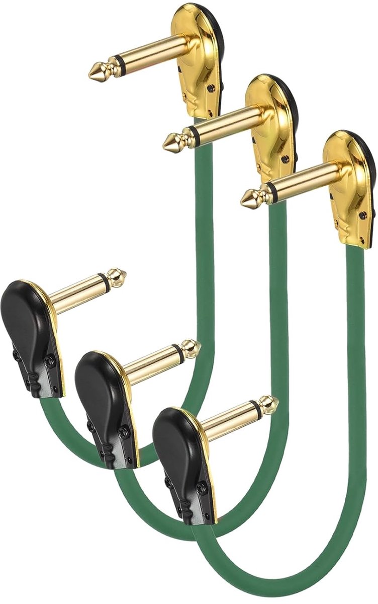 3 x gitaarkabel 38,1 cm (15 inch), platte kop, metaal, TS rechte hoek, effectkabel, voor gitaar, pedalen, effecten, console, groen