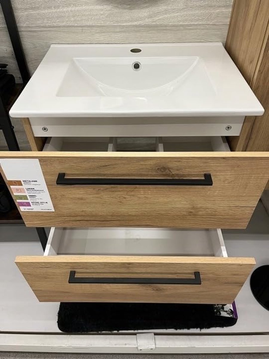 .Deftrans Wastafel met 50 cm Brede Onderkast met Twee Lades - Wandgemonteerde Wastafel met Onderkast, Zwarte Kraan en Sifon - Wastafelkast met Wastafel