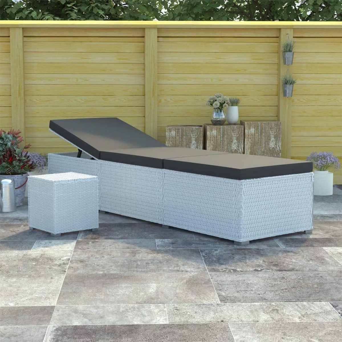Zonneligstoel met kussen en theetafel polyrotan wit outdoor tuinligstoel vrijetijdsligstoel tuin zwembadligstoel geschikt voor tuin, terras, achtertuin, zwembad
