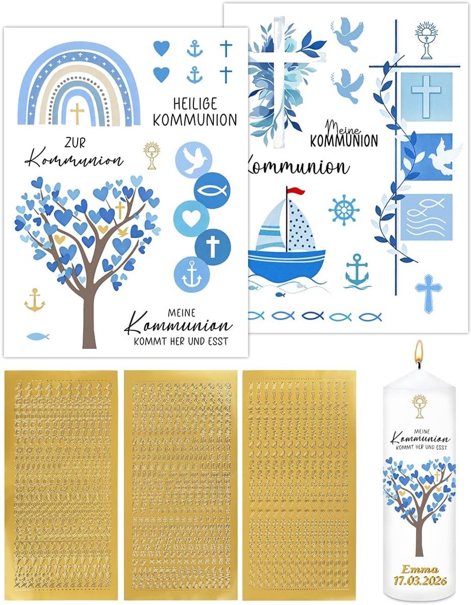 5 vellen kaarsentattoos communie – 2 waterschuiffolies + 2 vellen letterstickers & 1 vel cijferstickers, communiekaarsen knutselset | communie decoratie | eerste communie decoratie | confirmatie