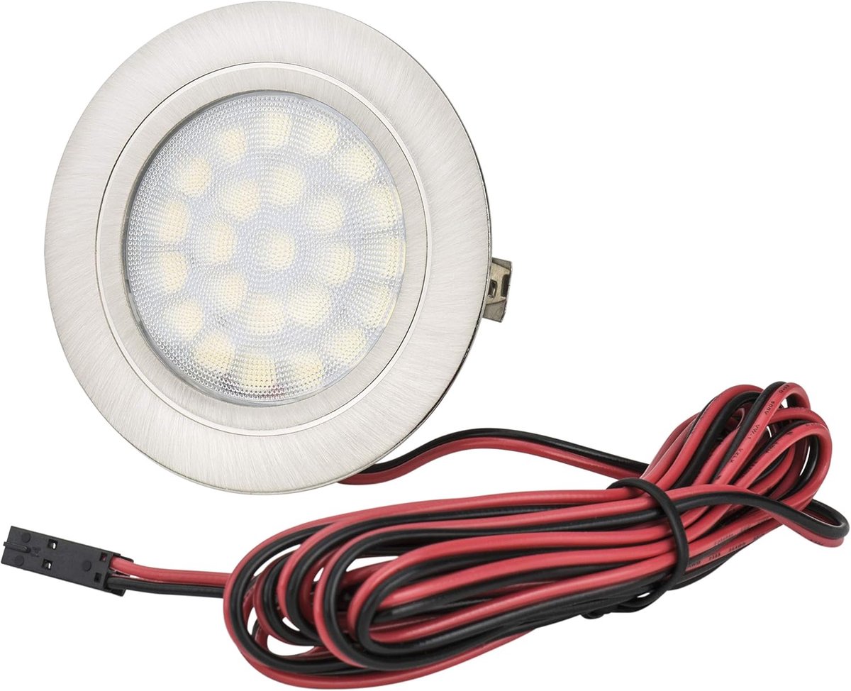 Meubelinbouwspot Tim aluminium geborsteld (niet roestend) incl. 12V 2W LED lamp warmwit 3000K / 180Lm IP20 inbouwdiepte: 10mm / 1,8m voedingskabel + mini-stekker