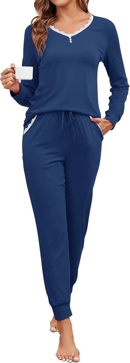 Pyjama voor dames, lang, katoen, tweedelige nachtkleding met kant, V-hals, nachtkleding en pyjamabroek met zakken