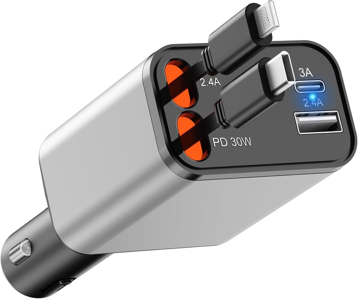 Autolader, 69 W, autolader, sigarettenaansteker, intrekbare kabel, autolader, mobiele telefoon, snellader met iP 16/15/14/13/12, Galaxy S24/S23/S22