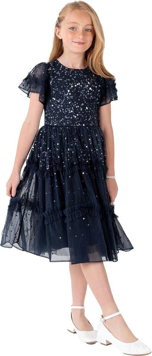 Deluxe Meisjesjurk Pailletten Ruches Sprankelende Party Korte Mouw Midi Bruiloft Gast Tutu Frilly Kids Childrens Prom Bruidsmeisje