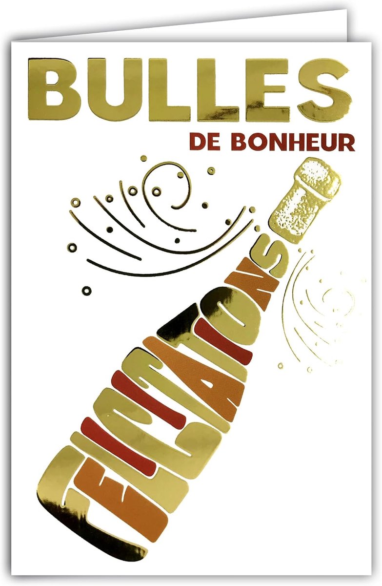 69-9055 wenskaart geluksbellen woord van goud glanzend in de vorm van een champagnefles feest goed nieuws unie bruiloft verjaardag + envelop 12 x 17,5 cm gemaakt in Frankrijk