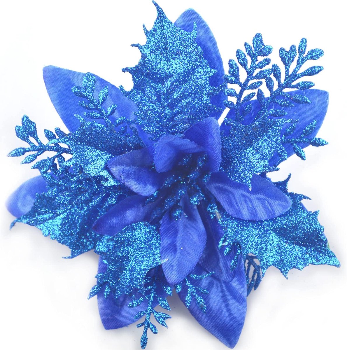 12 stuks glitter kerstbloemen (15 cm/5,9 inch) met 12 stuks clips kunstmatige kerststerren bloemen kerstboomversieringen kerstboom ornamenten (blauw)
