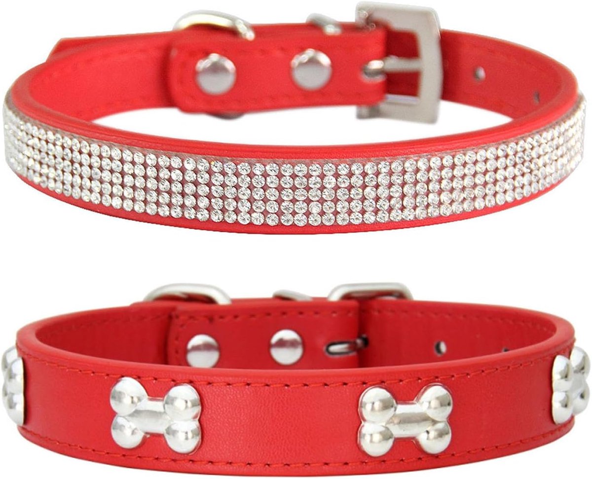 2 stuks hondenhalsband van leer, hondenhalsband met strass, hondenhalsband voor kleine honden met metalen botdecoratie, geschikt voor kleine, middelgrote honden en katten, rood, XS