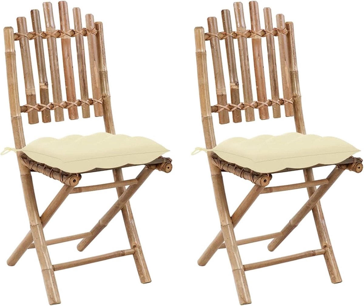 Inklapbare tuinstoelen, 2 stuks, tuinstoelen met kussen, stoel, buiten, terras, balkon, bamboe met kussen, crème