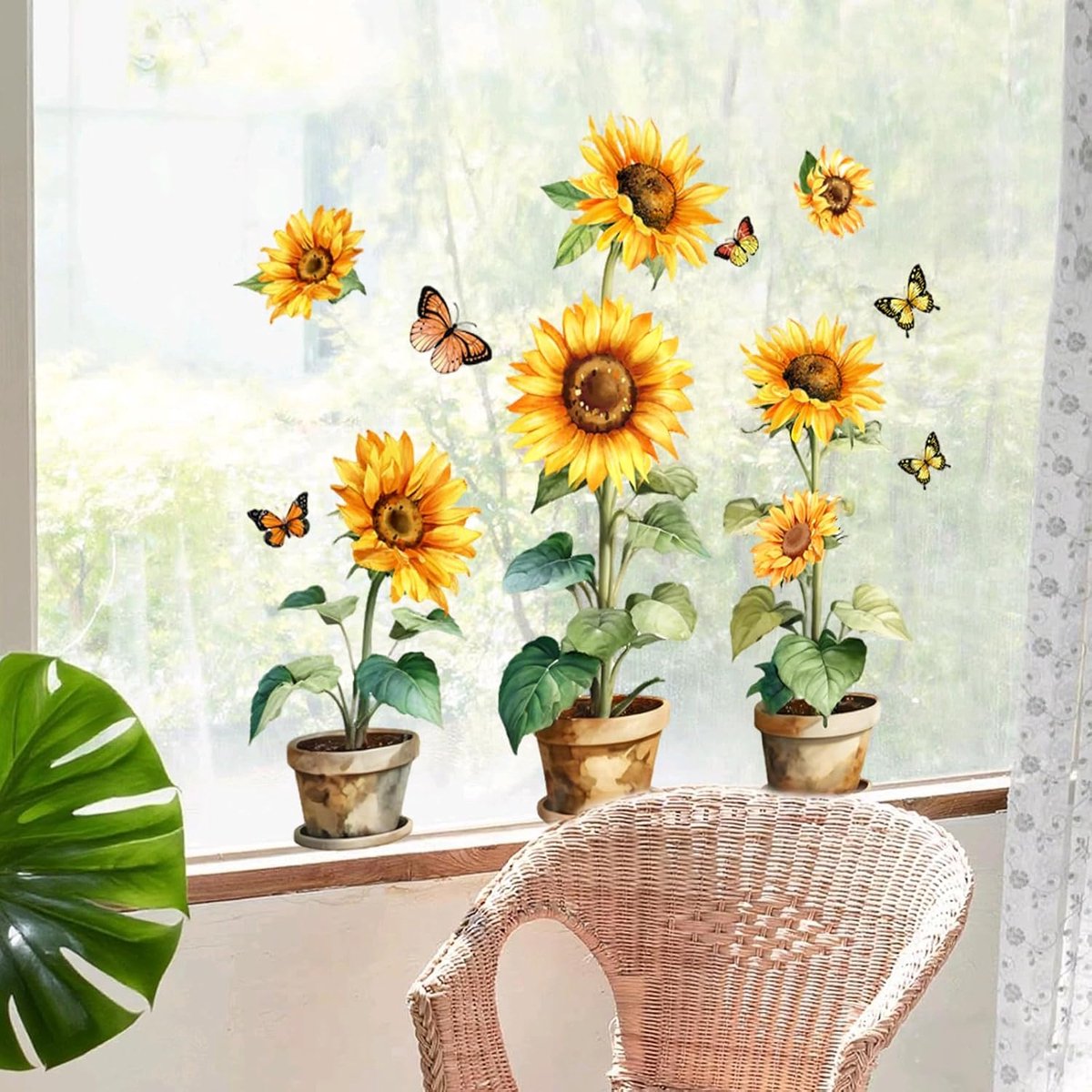 Raamstickers, 3 stuks Bloemige raamdecoratie, glasstickers, dubbelzijdige raamsticker met zonnebloemen en vlinders voor de decoratie van glazen ramen in het thuiskantoor (L, 30×60 cm)
