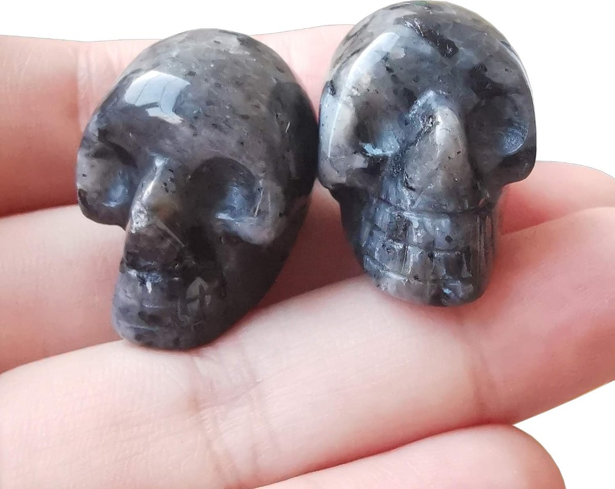 Set van 2 natuurlijke zwarte labradoriet mini-kristallen menselijke schedel figuren, 25 mm met de hand gesneden kristallen en helende steen kamer decor edelsteen