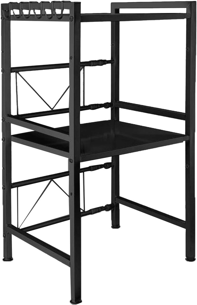 Metalen standaard voor magnetron, 2-laags, keukenplankhouder, uittrekbaar met haken, tot 25 kg (40/64 x 36,5 x 78 cm, zwart)