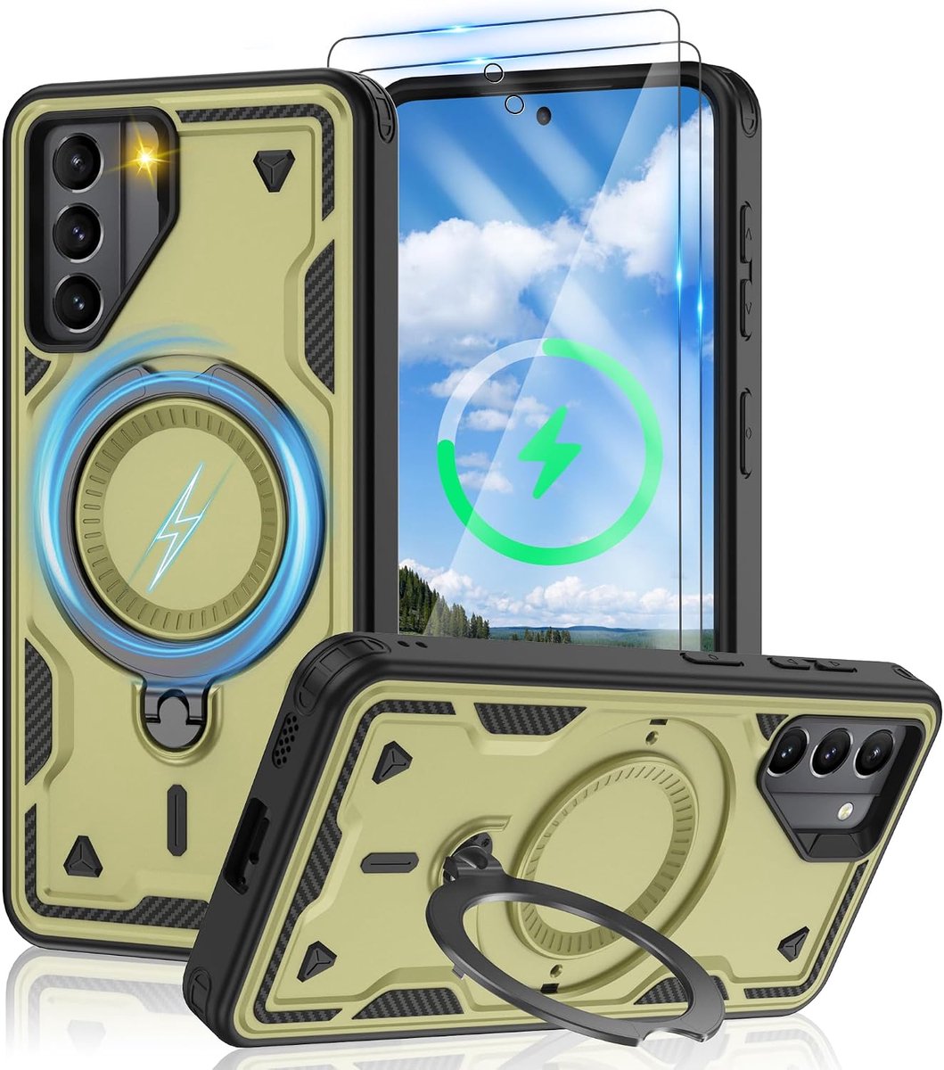 3-in-1 magnetische telefoonhoes voor Samsung S21, compatibel met MagSafe, ingebouwde standaard, 2 stuks HD-displaybeschermfolie, militaire stootvaste beschermhoes voor Galaxy S21, olijfgroen