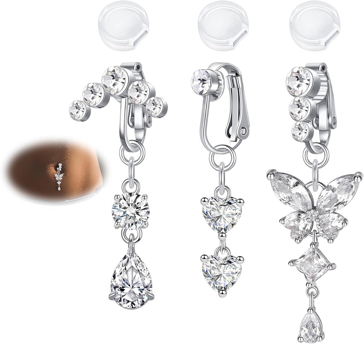 3 stuks nep-navelringen, clipon, verstelbare buiksieraad zonder piercing voor dames, vlinder, hartdesign met zirkonia, roestvrij staal, zilver/goud