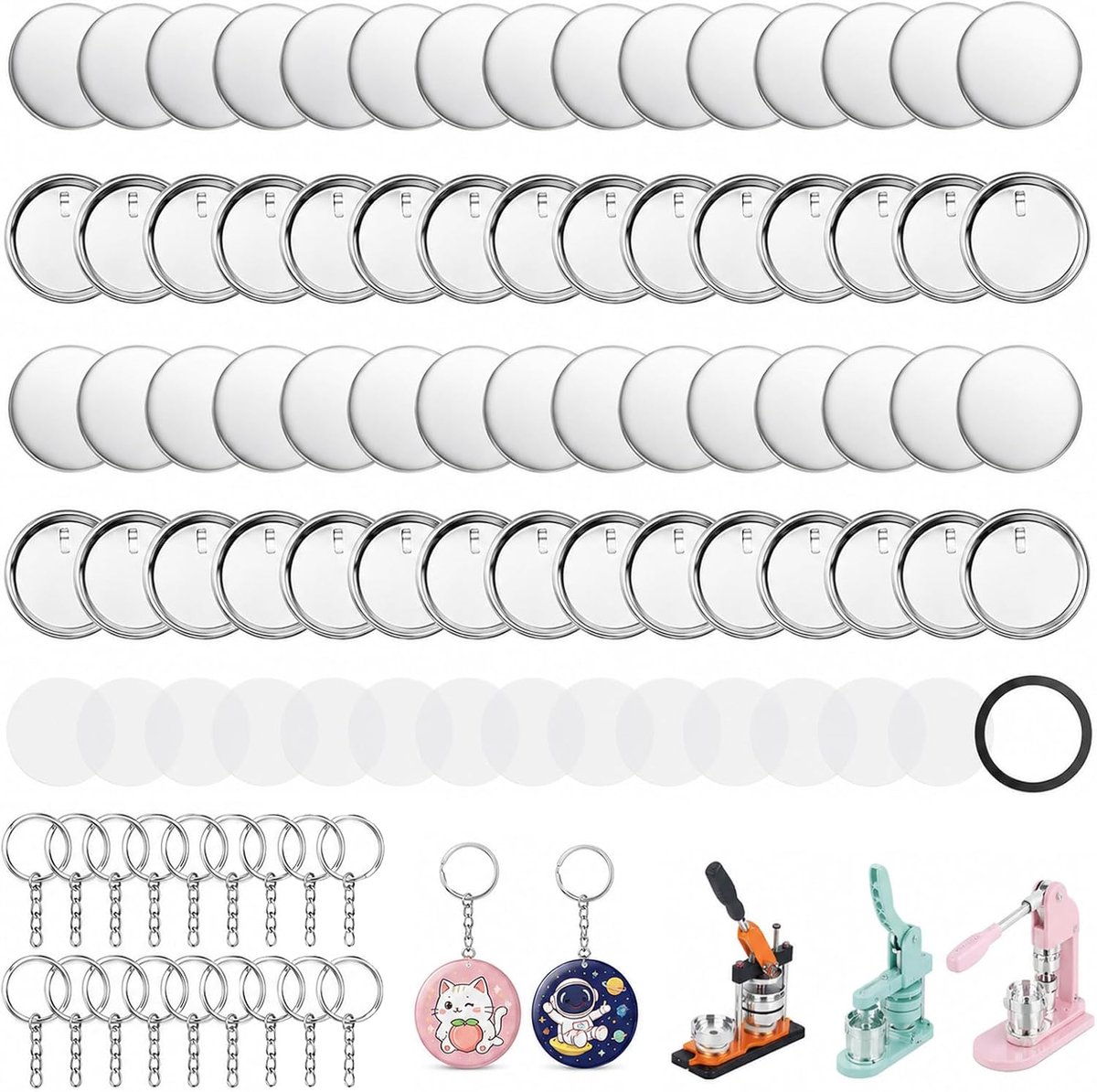 50 stuks gepersonaliseerde plaatjes, 58 mm, verbruiksmateriaal van metaal, sleutelhanger voor machines, blikken met behuizing, achterdeksel, transparante folie en kettingkop