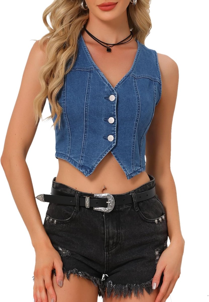 K Dames jeansvest mouwloos kort V-hals jeansvest met knoopsluiting denim vest