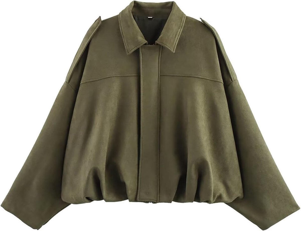 Bomberjack voor dames, suède, korte overgangsjas, bomberjack met ritszak, streetwear, winterjas voor herfst en overgangsperiode, groen, M