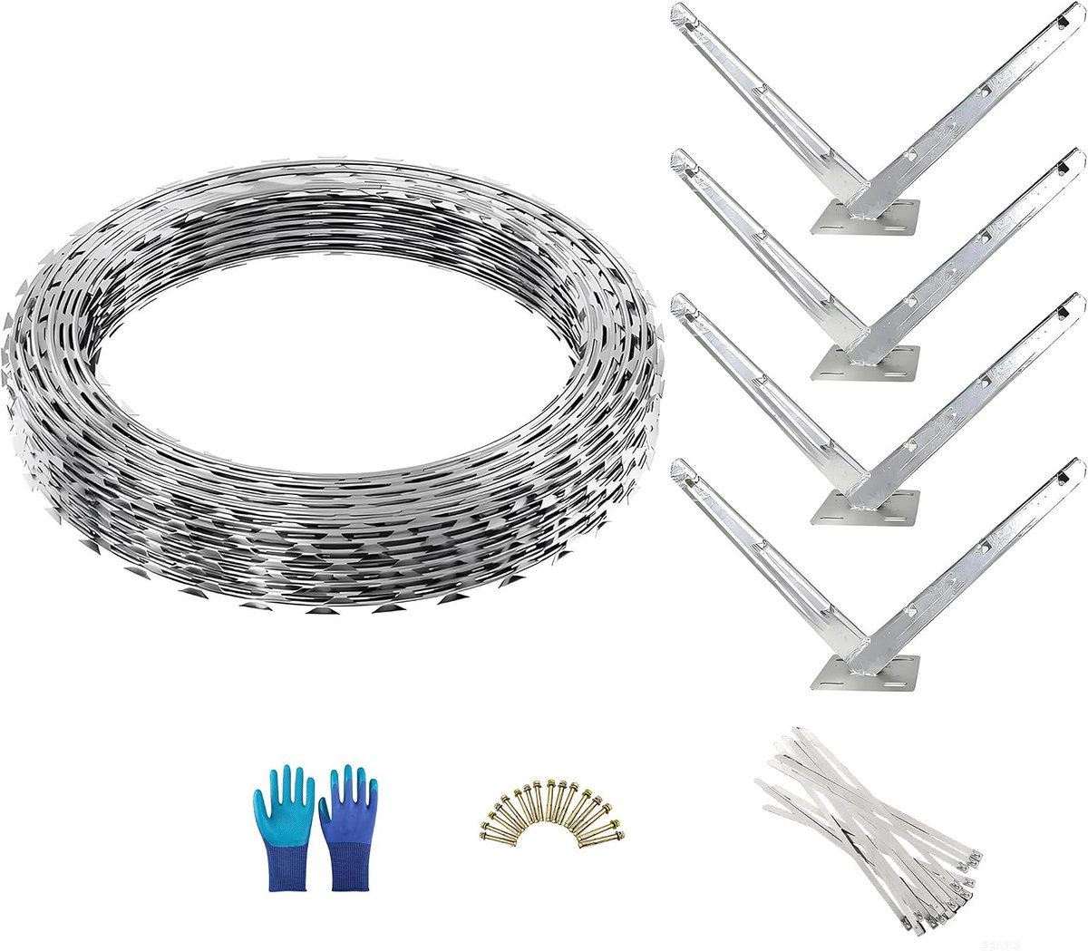 10 m verzinkte dubbele spiraalscheerdraad 50 cm spoeldiameter, veiligheidshekset V-houders, schroeven, handschoenen, kabelbinders