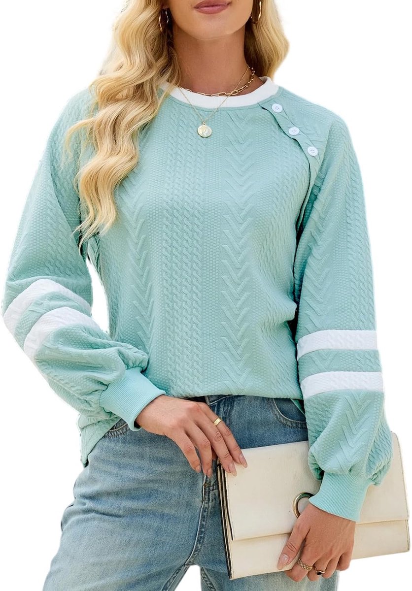 Sweatshirt Vrouwen Lange Mouw Tops Shirt Kleurblok Trui Ronde Hals Knop Herfst Trendy Outfits Losse T-shirt Casual Shirt Blouse