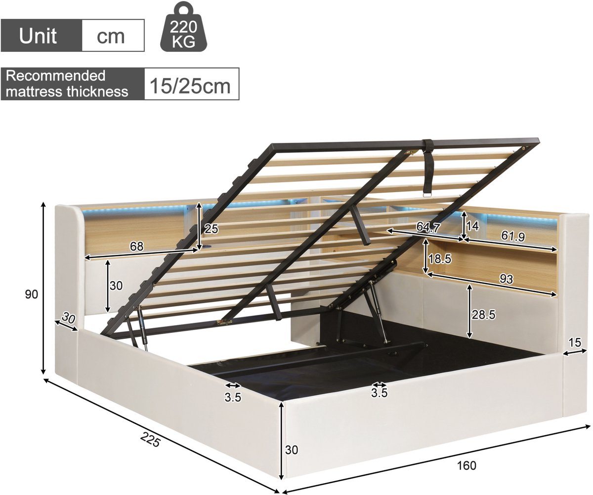 FloraGrace Slaapbank 140x200 cm - Hydraulische Opbergruimte Met LED en USB - Met Lattenbodem - Zonder Matras - Fluweel - Beige